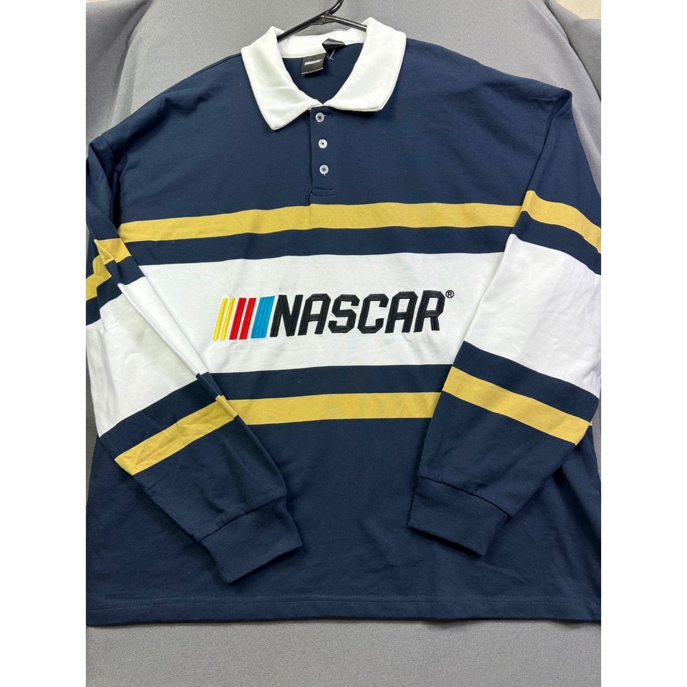 NASCAR Long Sleeve Rugby Shirt Navy Blue White Yellow Striped Embroidered Men L